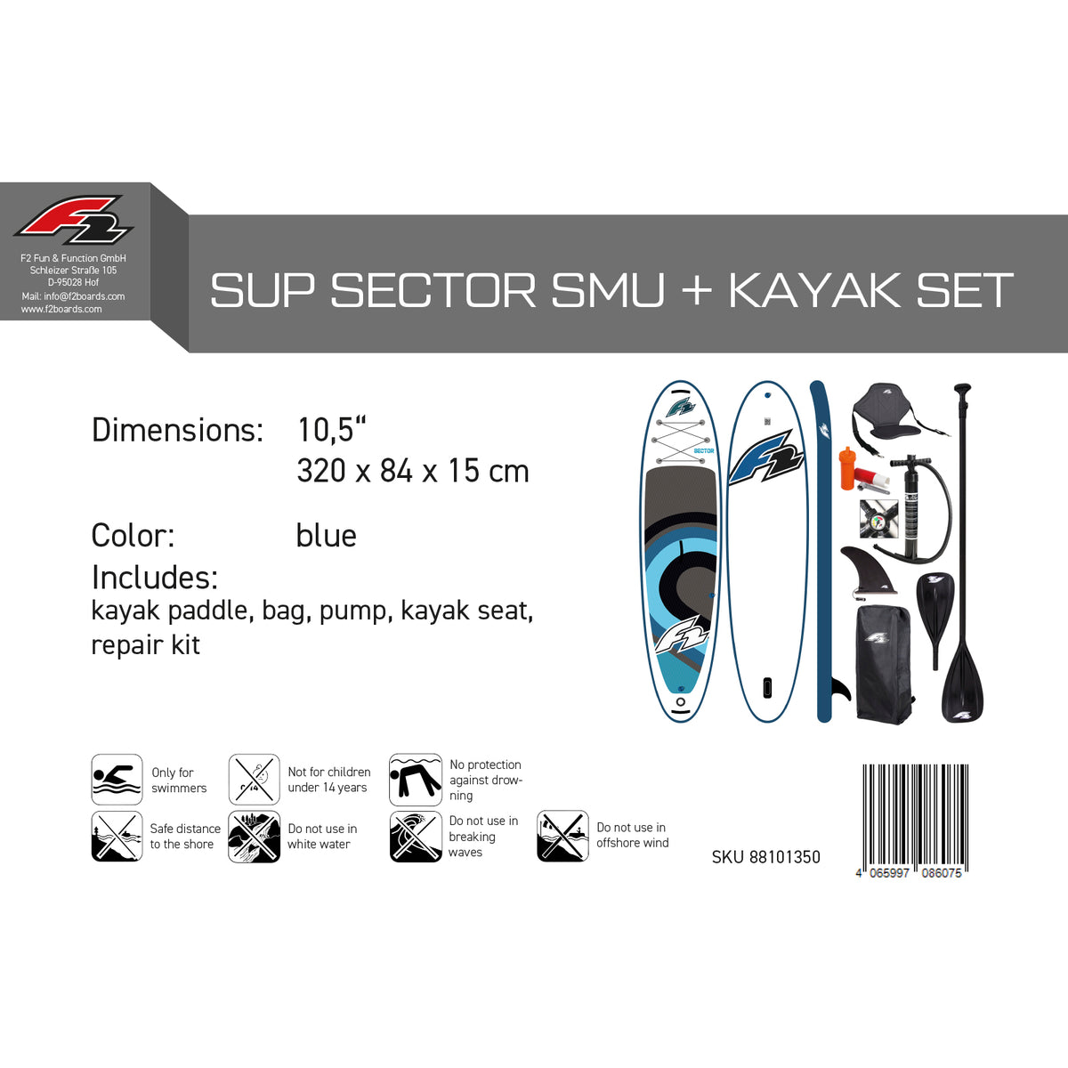 F2 Set Stand Up Paddle Board Sector SMU Blue 10.5 + Kayak Accessories
