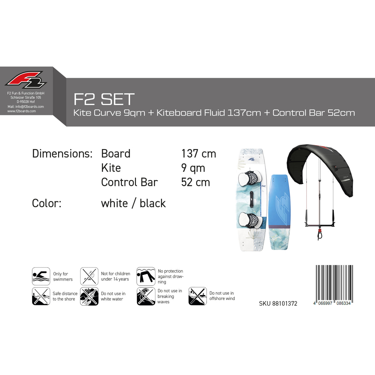 F2 Damen Set Kite Curve 9qm + Kiteboard Fluid 137cm + Control Bar 52cm