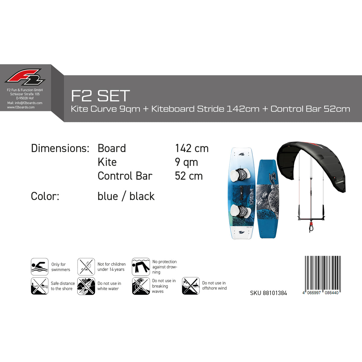 F2 Kite Set Bullit 9sqm + Kiteboard Stride 142cm + Control Bar 52cm