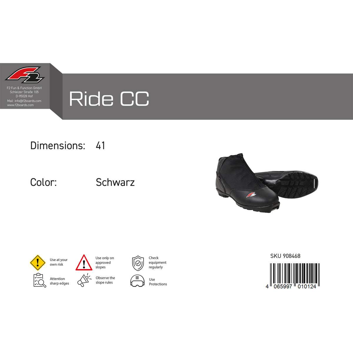 F2 Cross-Country Ski Boots Ride CC, sizes 36-47 selectable, black