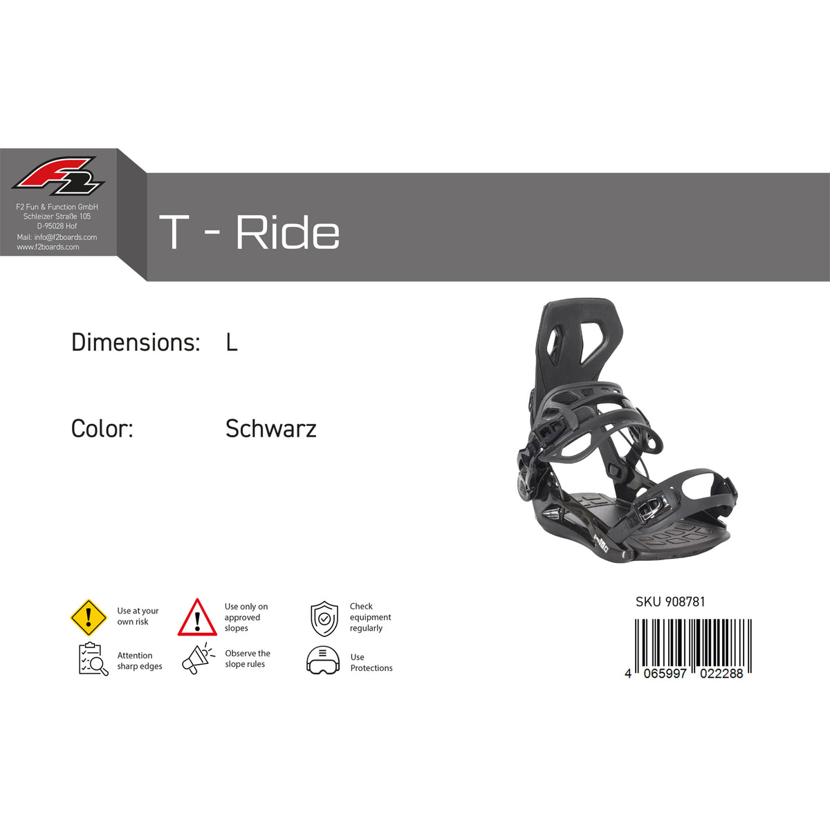 F2 Men's Snowboard Soft Binding T-Ride M-XL Size Selectable Black