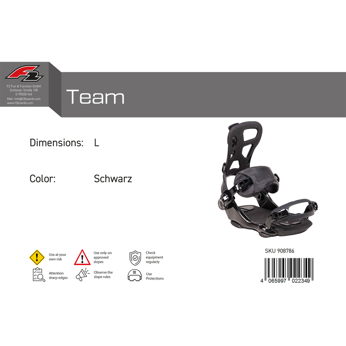 F2 Herren Snowboard Soft Bindung Team M-XL Größe wählbar Schwarz