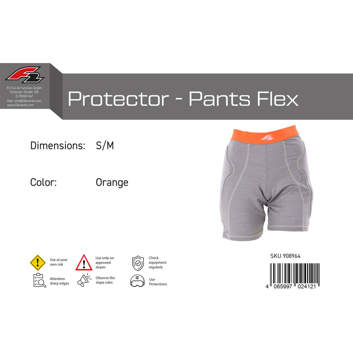 F2 Women's Snowboard Protector Pants - Pants Flex S-L size selectable orange