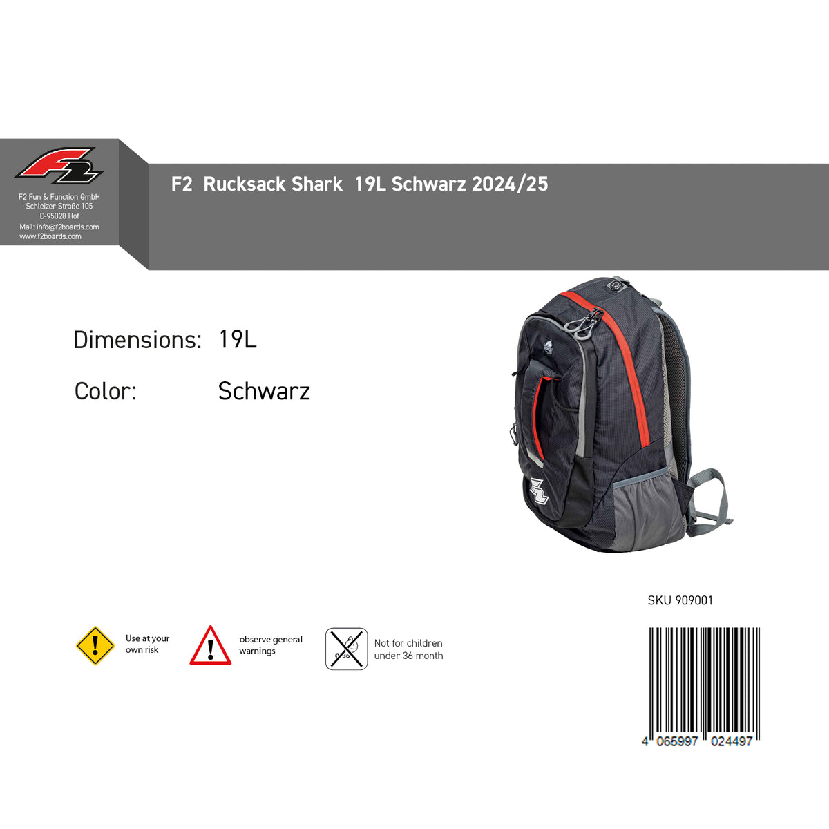 F2 Rucksack Shark 19L Schwarz