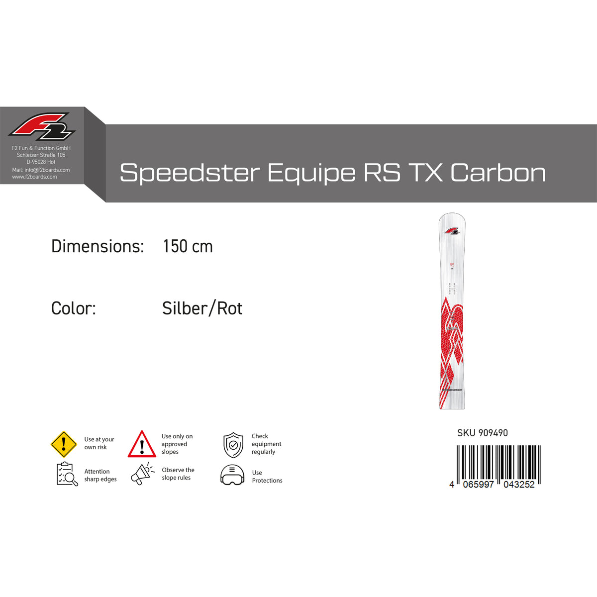 F2 Junior Snowboard Speedster Equipe RS TX Carbon Race Silver/Red 2024/25