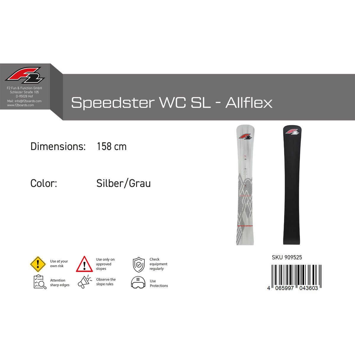 F2 Snowboard Speedster WC SL - Allflex Race size selectable Silver/Grey 2024/25