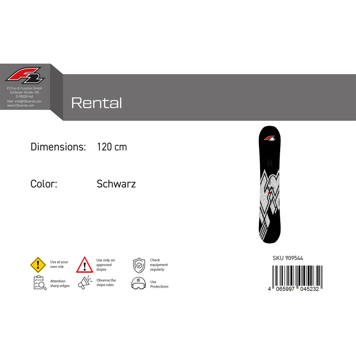 F2 Junior Snowboard Rental, size selectable, black, 2024/25