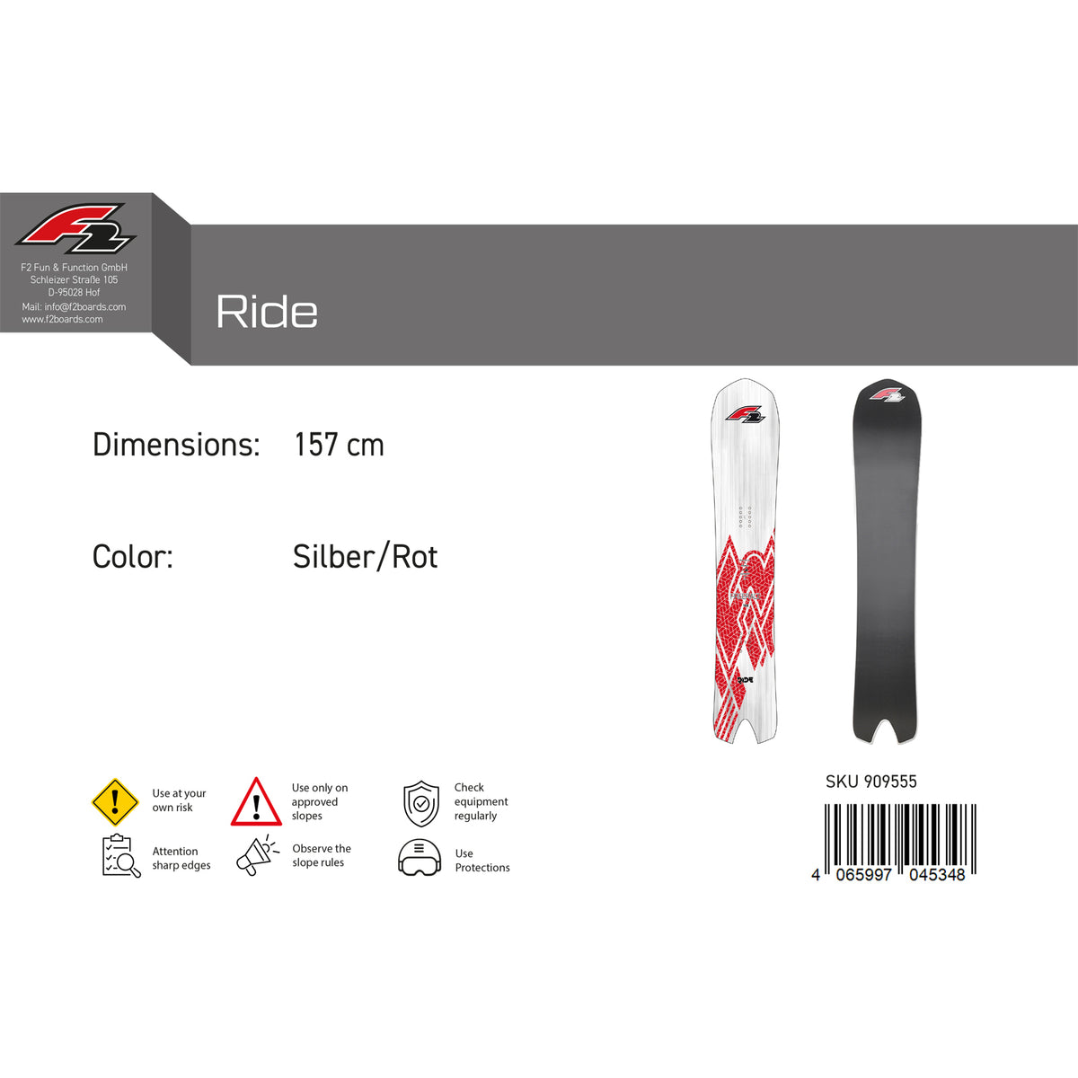 F2 Snowboard Ride Race selectable size silver/red 2024/25
