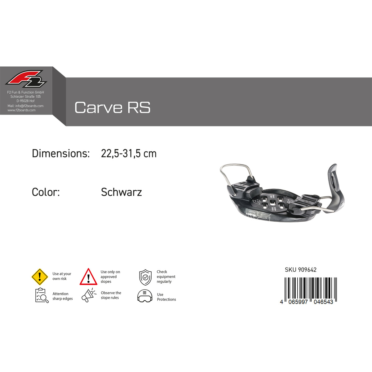 F2 Snowboard Plate Bindung Carve RS 22,5-31,5 cm Schwarz