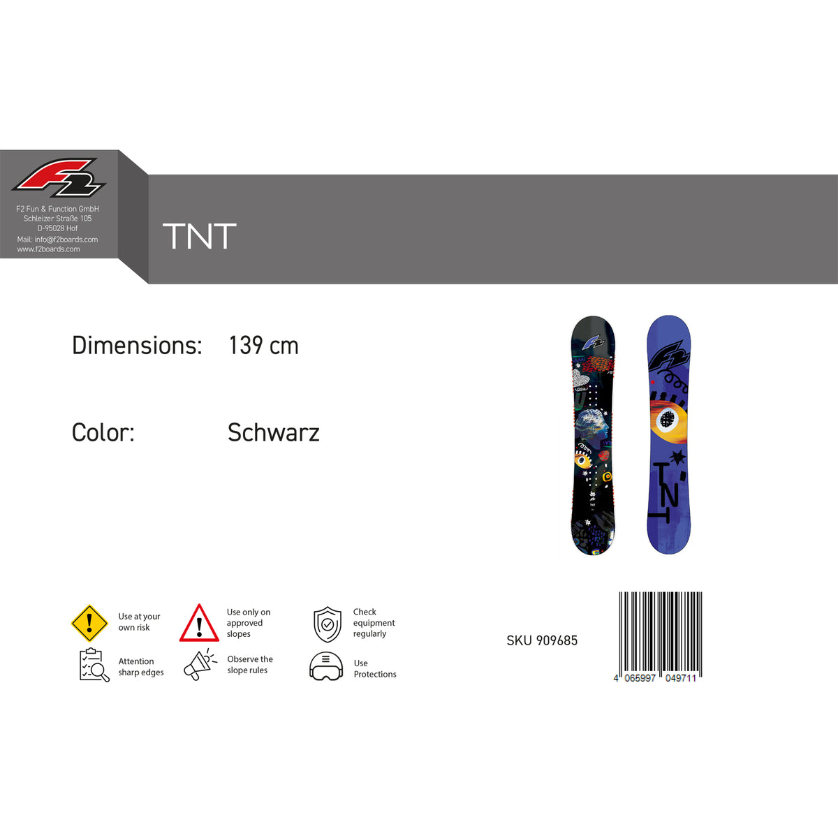 F2 Snowboard TNT Freeride/Freestyle size selectable Black 2025
