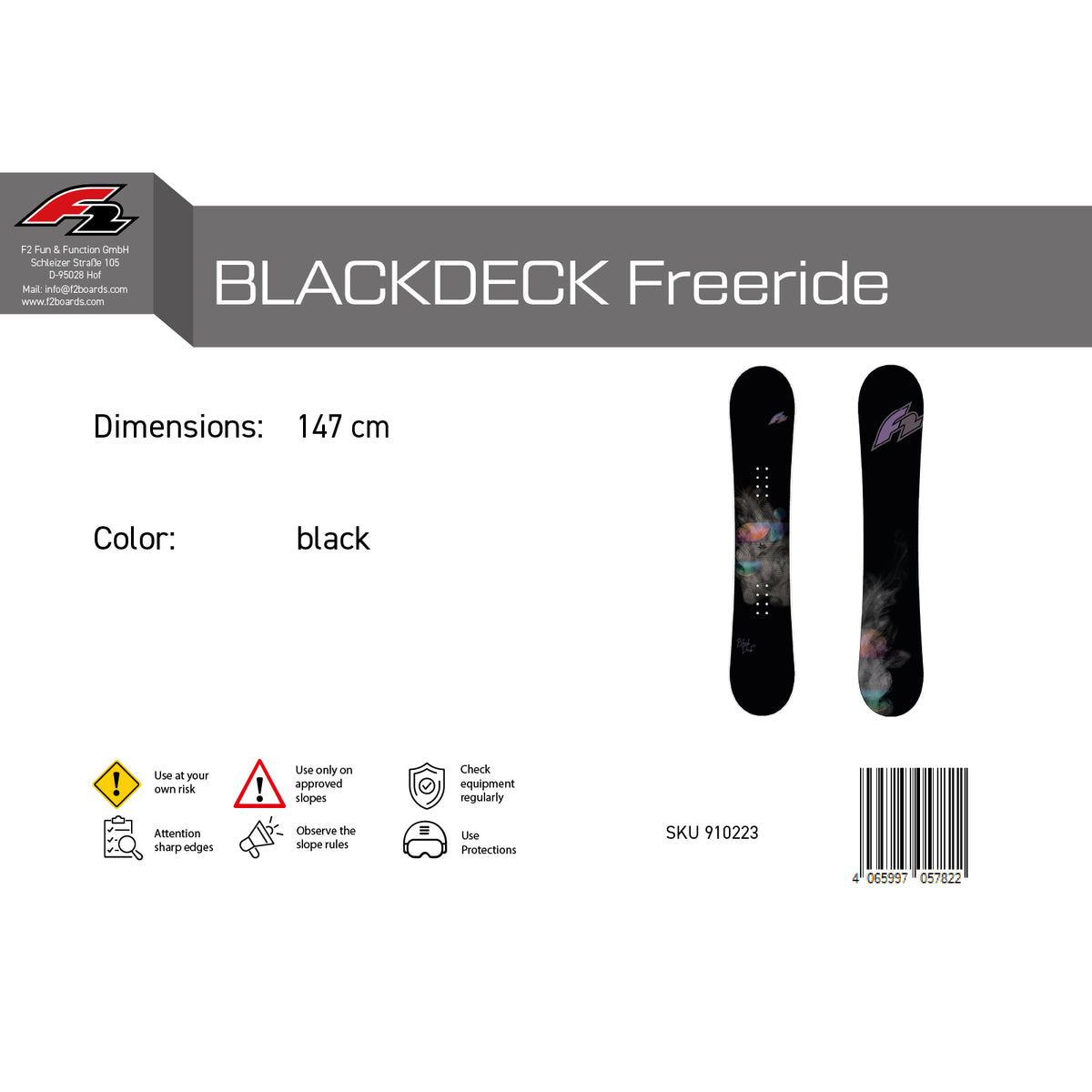 F2 Damen Snowboard Black Deck Freeride Schwarz - Größe wählbar