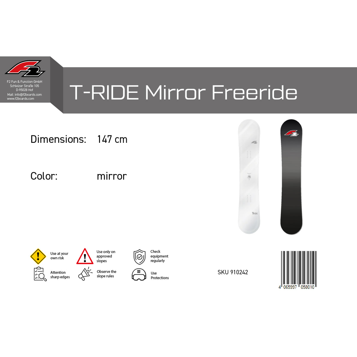 F2 Snowboard T-Ride Mirror Freeride/Freestyle White - Size selectable