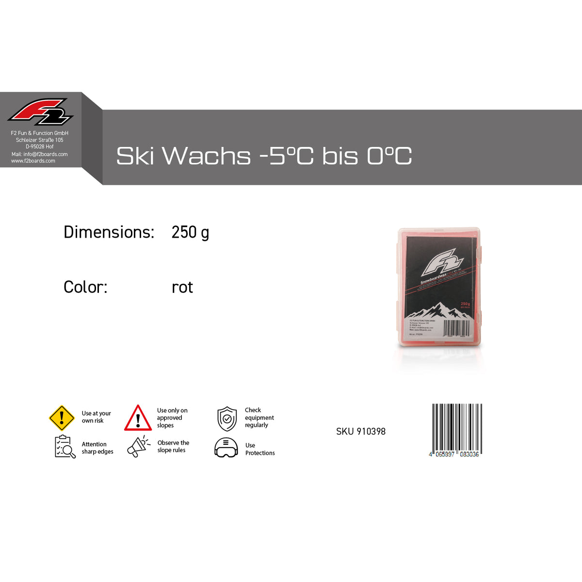 F2 Snowboard Accessories Snowboard Ski Wax 250g – Wax type selectable