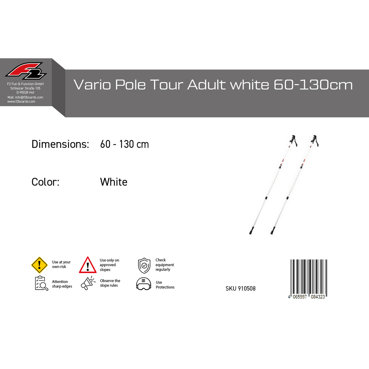 F2 Cross-Country Ski Poles Vario Pole Tour Adjustable 60-130cm White