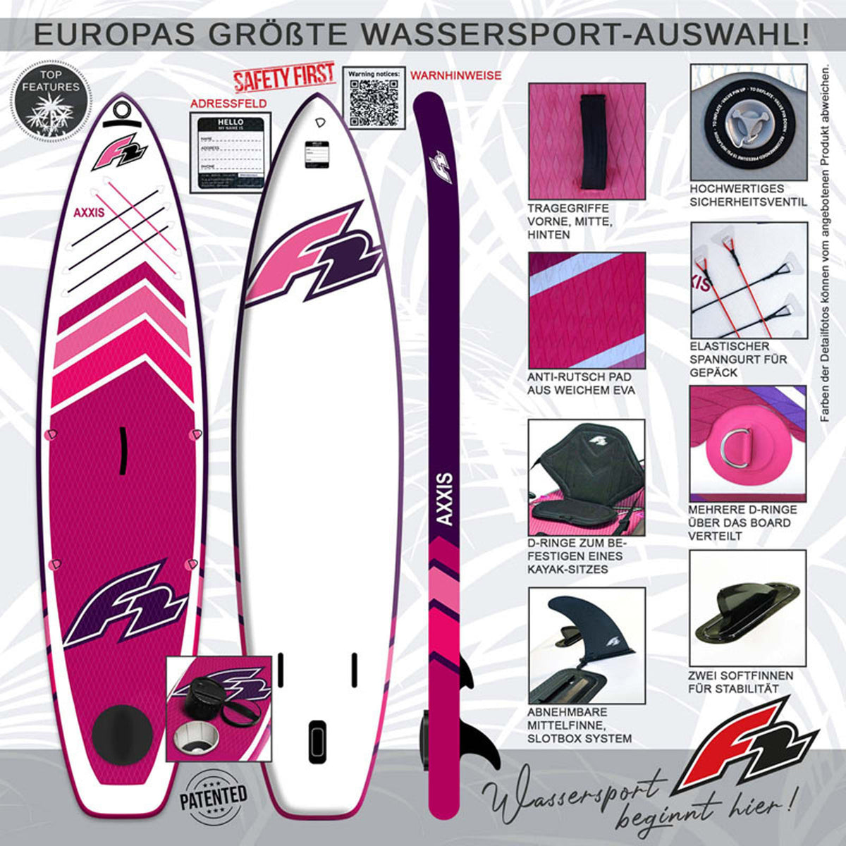 F2 Stand Up Paddle Board AXXIS SMART Women's SUP with E-Pump, size selectable