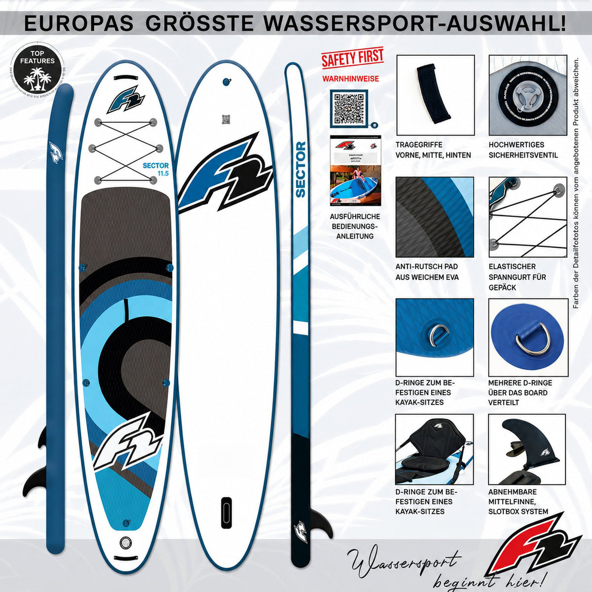 F2 Set Stand Up Paddle Board Sector SMU Blue 10.5 + Kayak Accessories