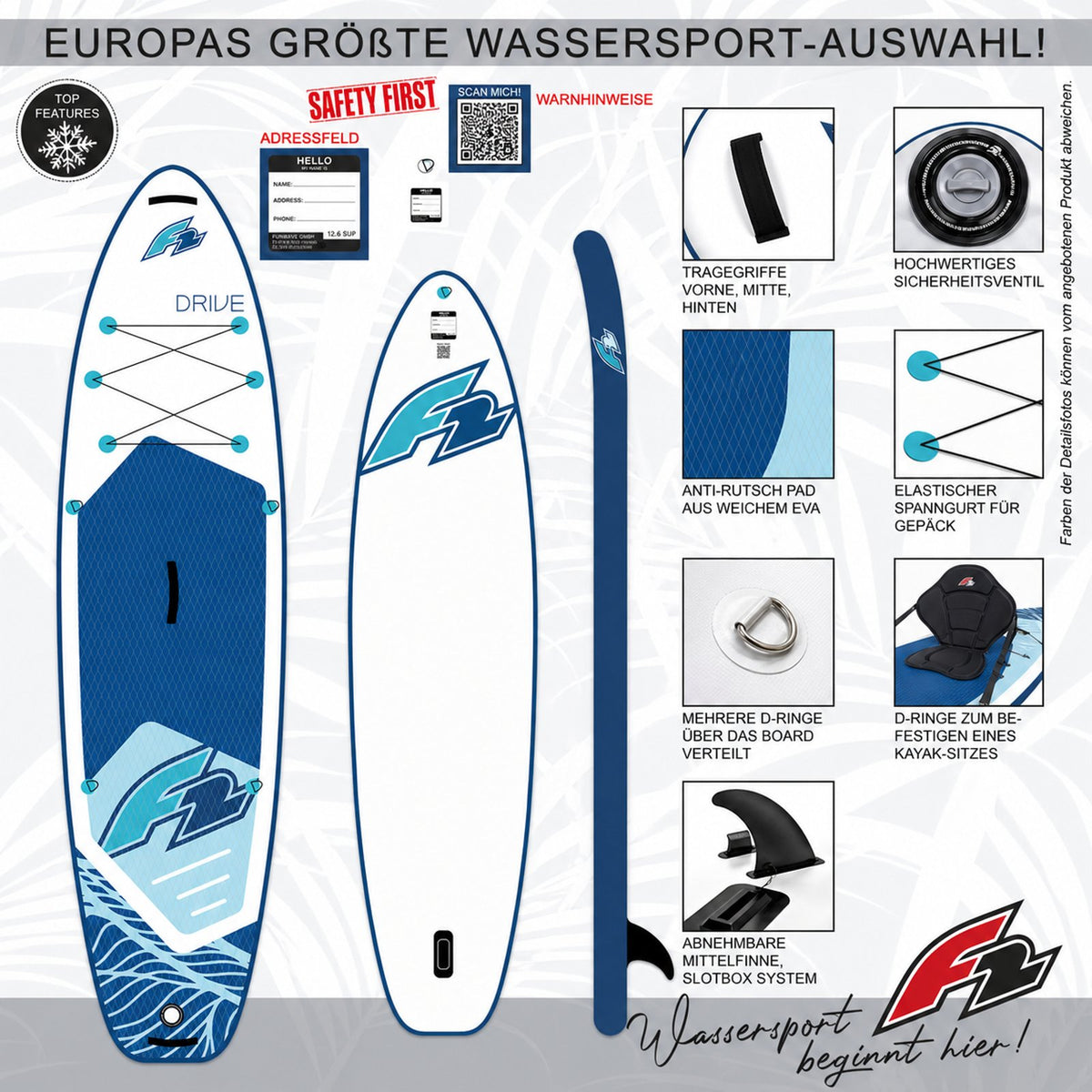 F2 SUP Stand Up Paddle Board Drive White - Size selectable