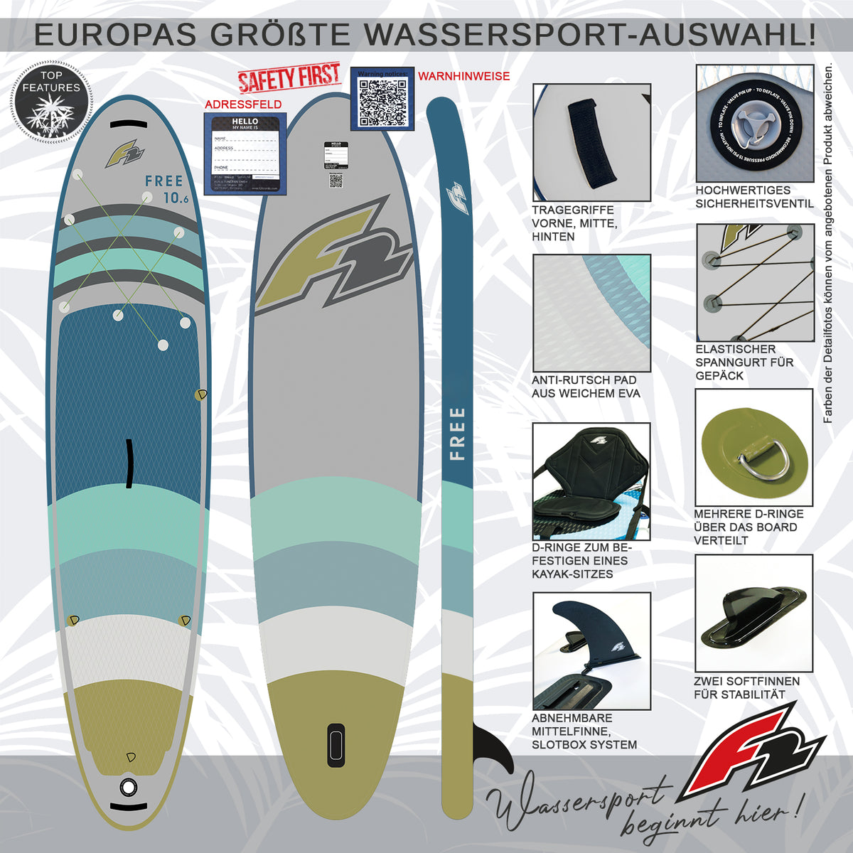 F2 SUP Stand Up Paddle Board Free - Farbe/Größe wählbar