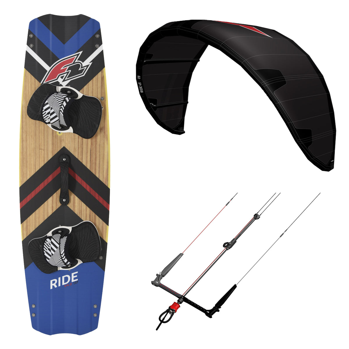 F2 Set Kite Ride V5 mit Kiteboard Ride Wood und Control Bar Größen wählbar
