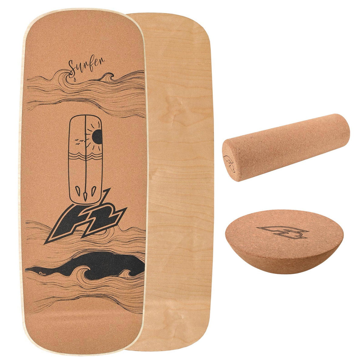 F2 Kork Balance Board Pill 73x28cm mit Korkrolle + Kork Halbkugel