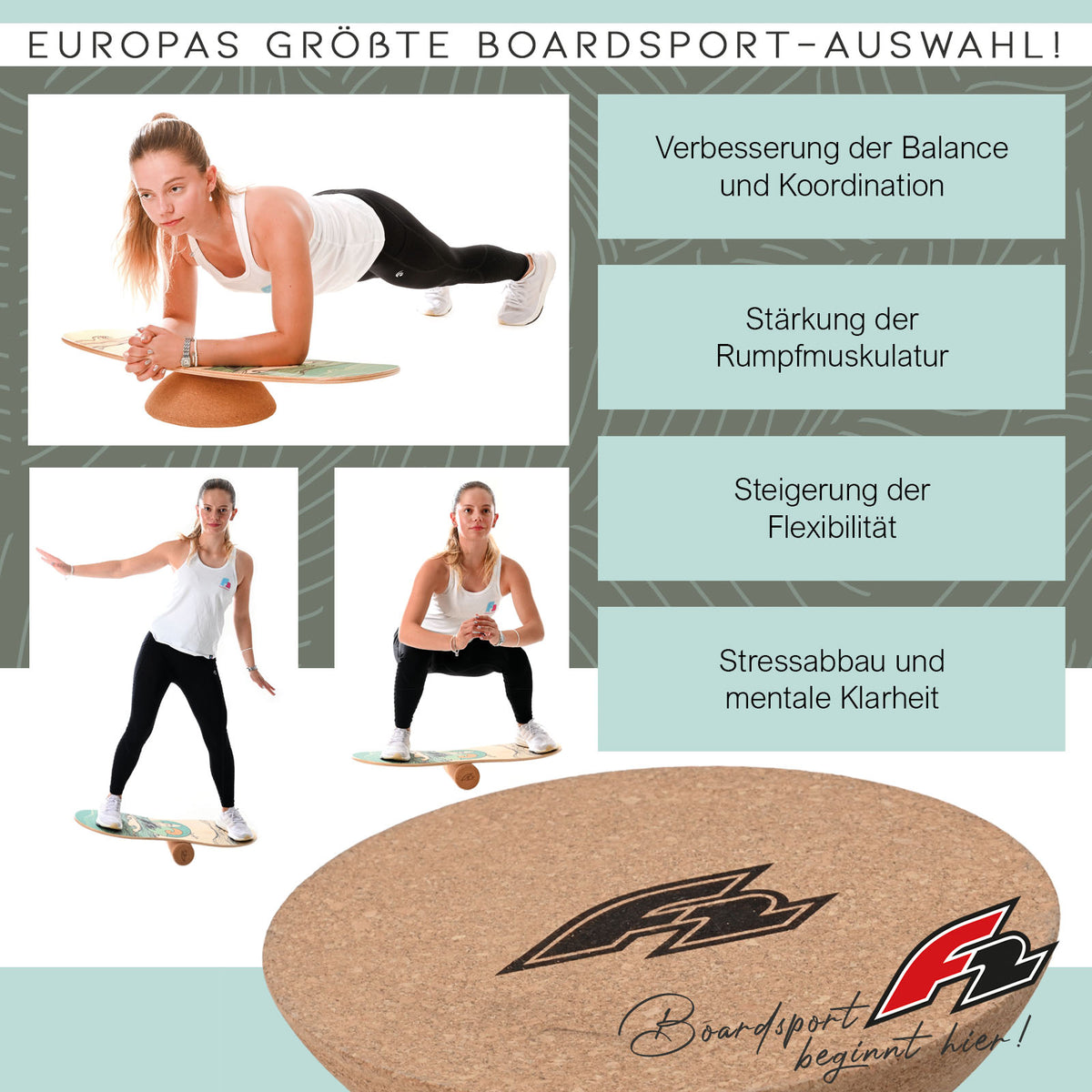 F2 Cork Balance Boards with cork roller + cork half-sphere - complete set, model selectable