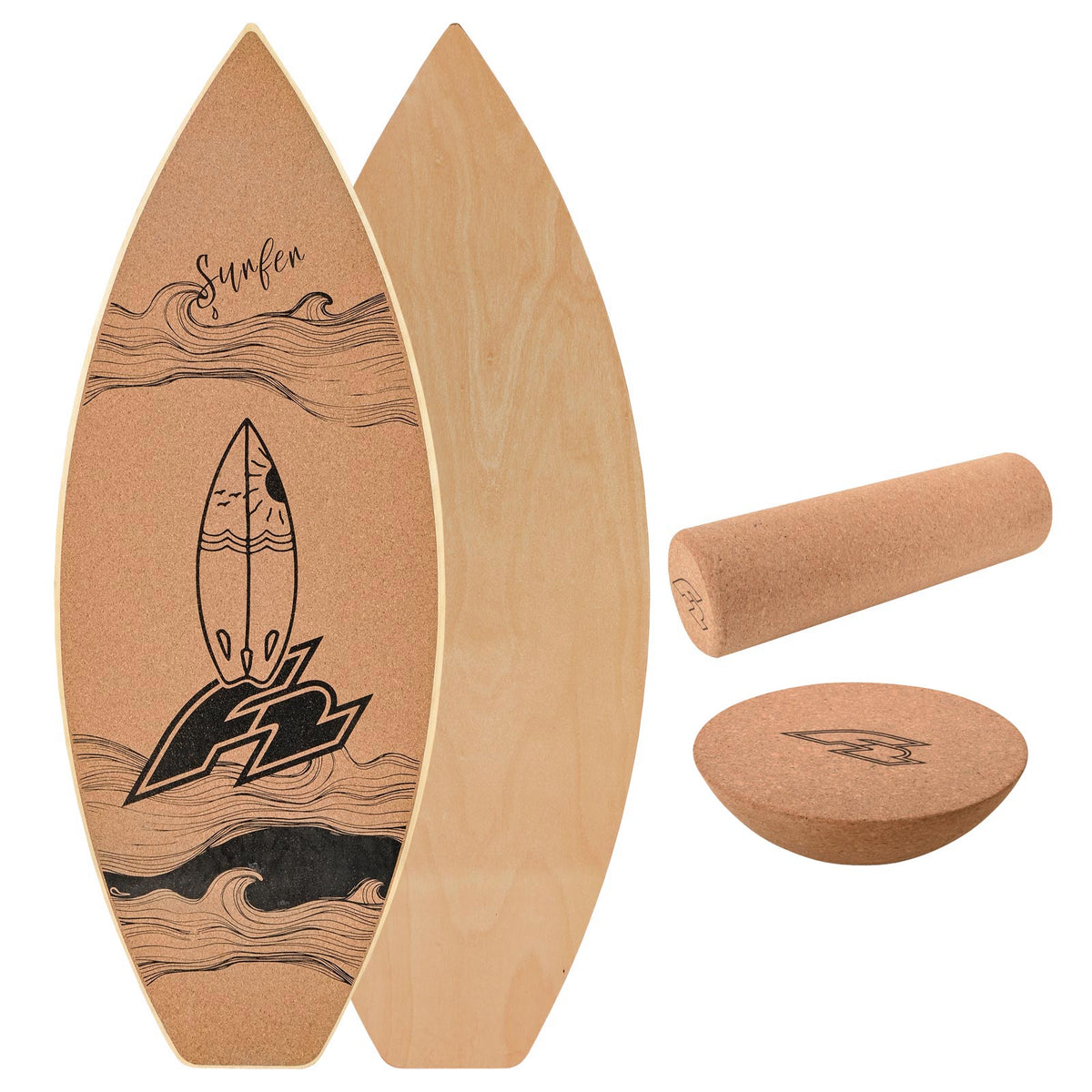 F2 Cork Balance Board Surf 84x31cm with cork roller + cork half-ball