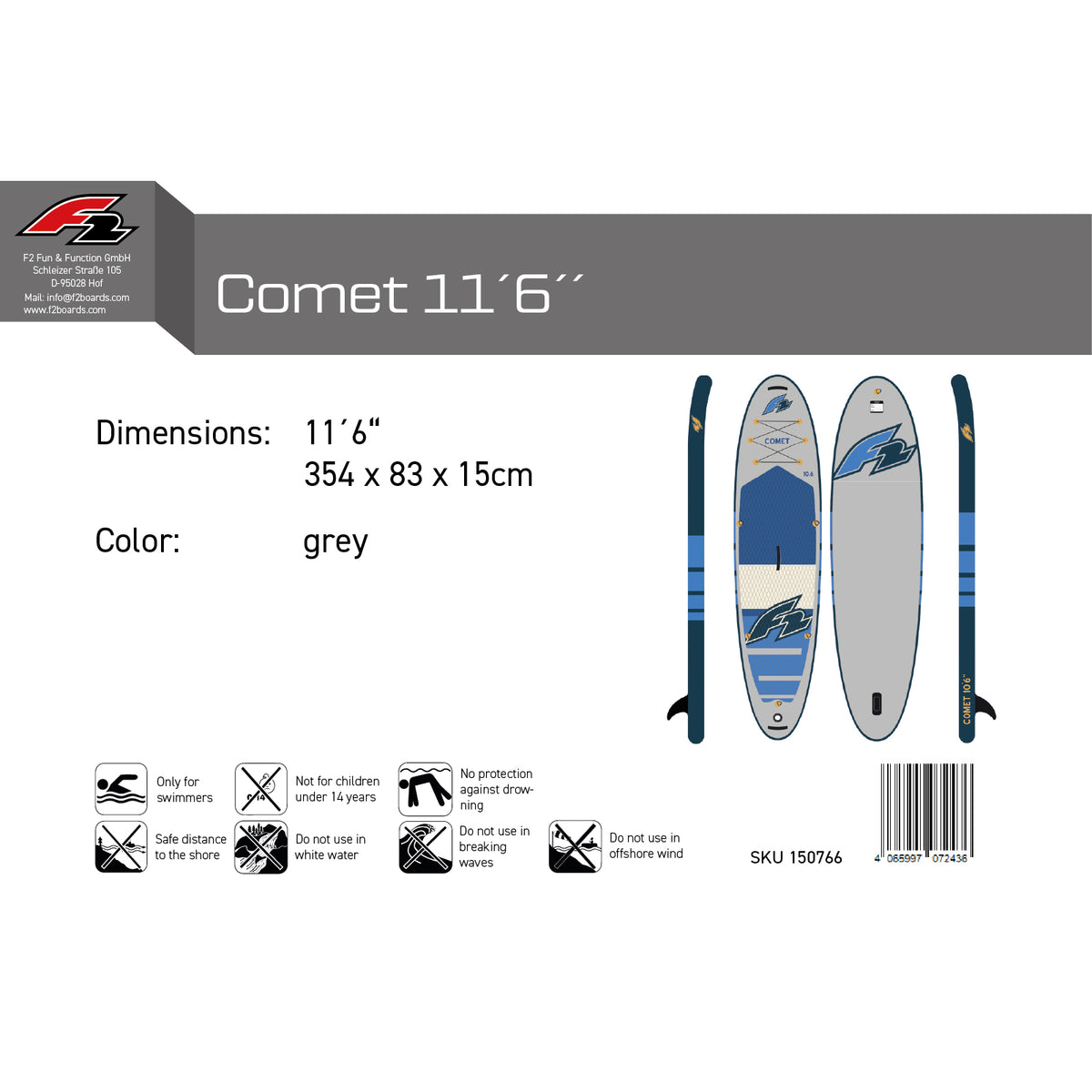 F2 SUP Stand Up Paddle Board Comet Grau - Komplettset Größen und Zubehör wählbar