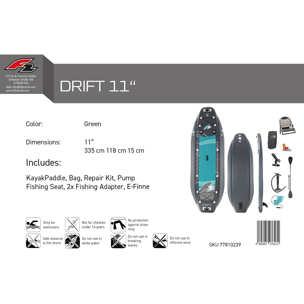F2 Drift Inflatable Kayak Set 335cm Green incl. Electric Fin