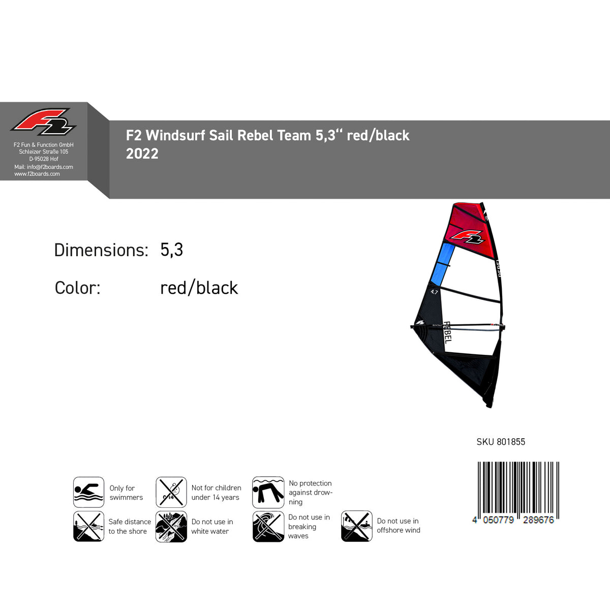 F2  Sale Windsurf Segel Rebel Team  5,3qm Rot/Schwarz Modell 2022 NEU Sail Only