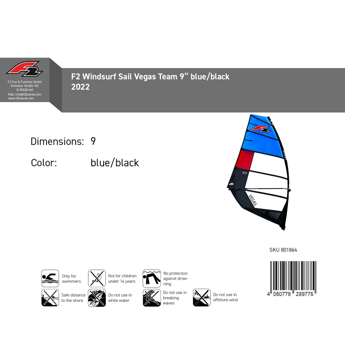 F2 Sale Windsurf Sail Vegas Team 9sqm Blue/Black 2022 Model NEW Sail Only