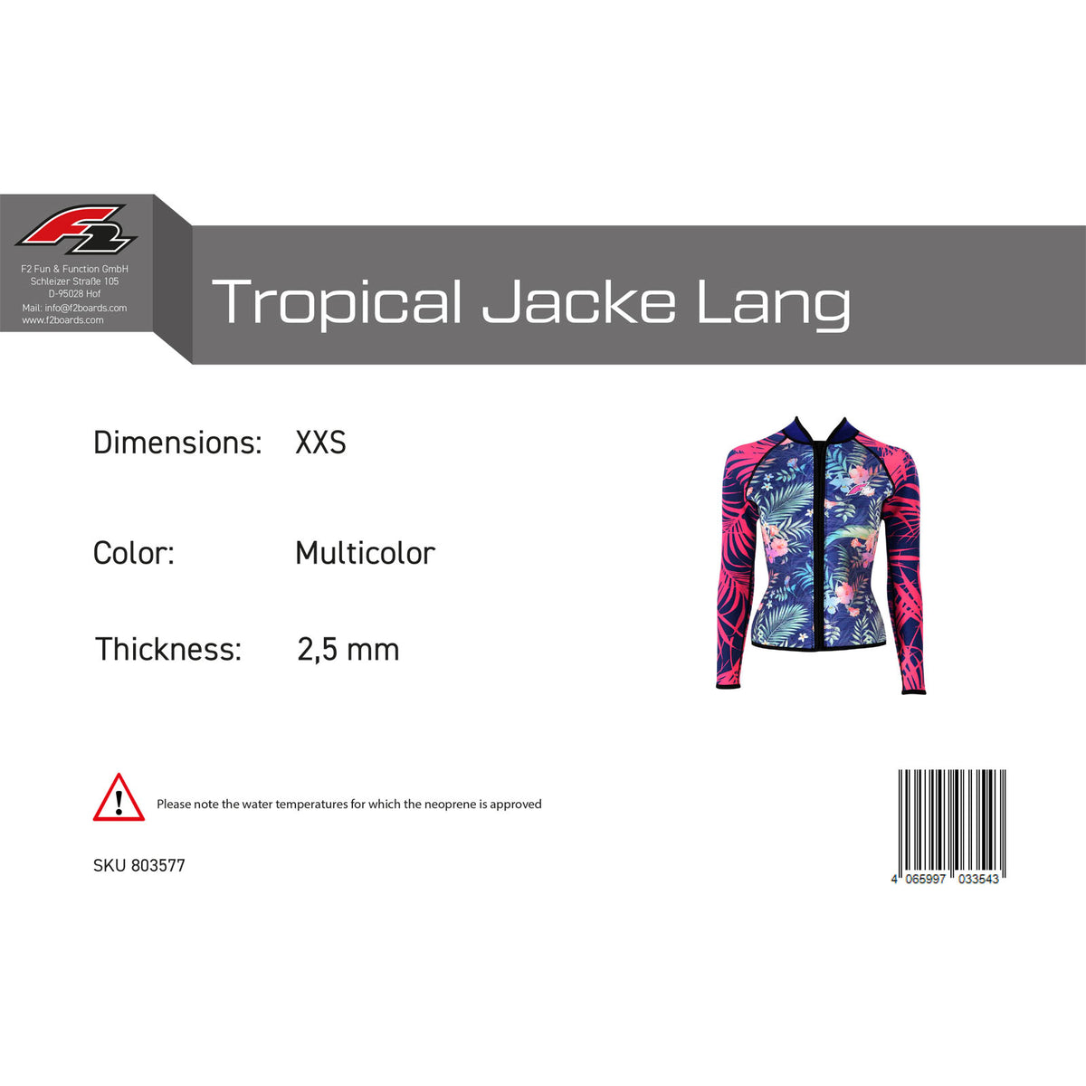 F2 Damen Neopren Oberteil Tropical Jacke Lang 2,5mm Größe wählbar Multicolor