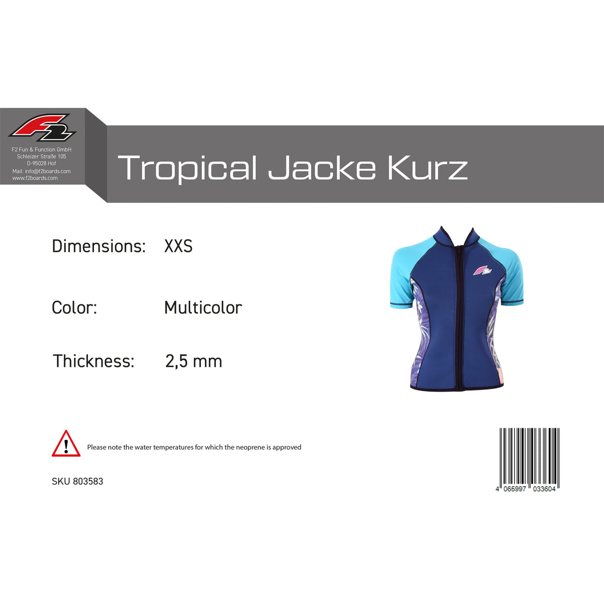 F2 Women's Neoprene Top Tropical Jacket Short 2.5mm Size Selectable Multicolor