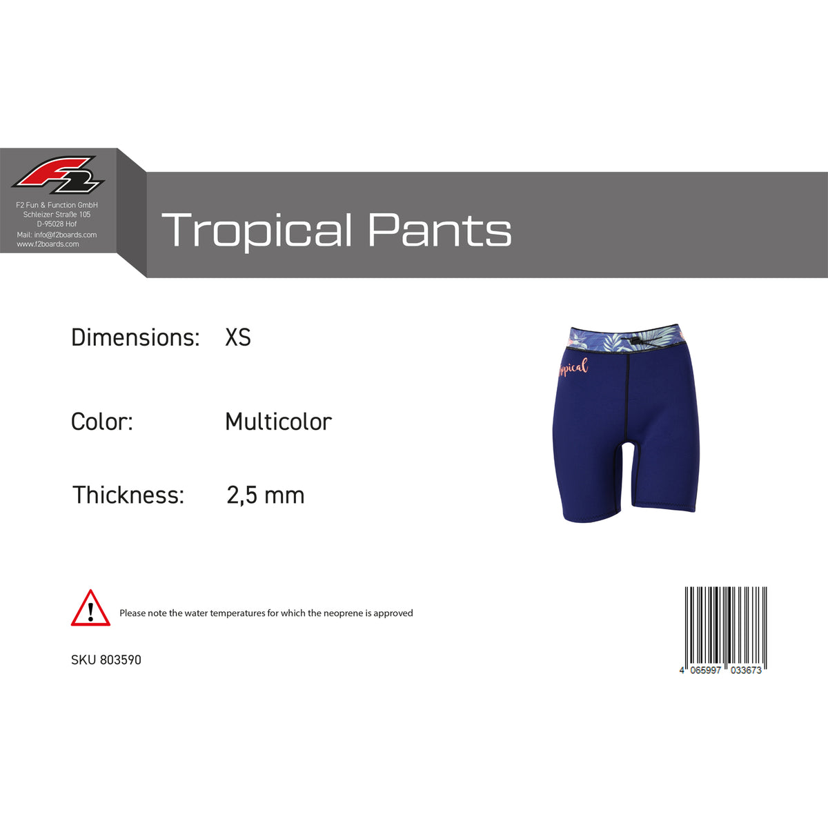 F2 Women's Neoprene Tropical Pants 2.5mm XXS-XL size selectable multicolor