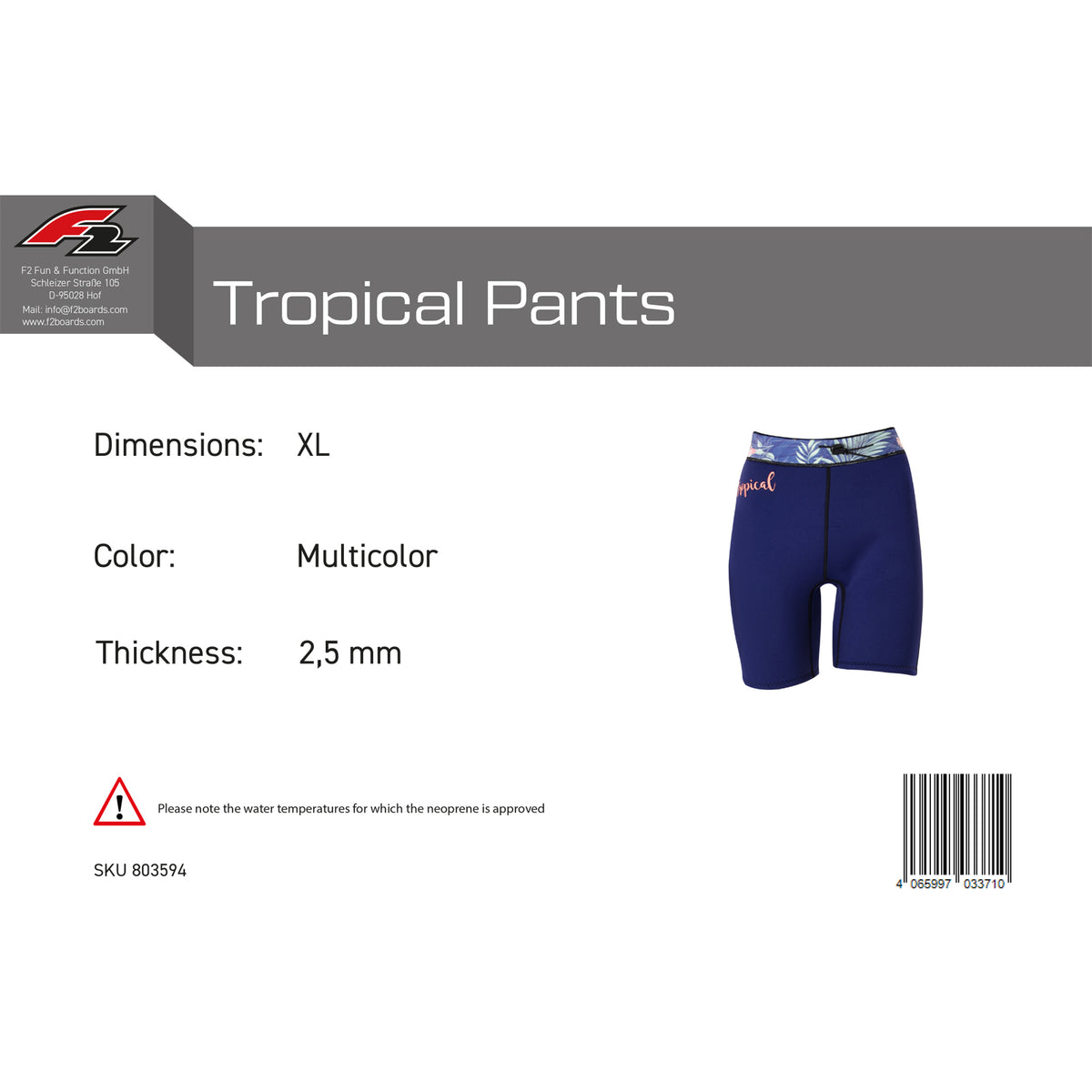 F2 Women's Neoprene Tropical Pants 2.5mm XXS-XL size selectable multicolor