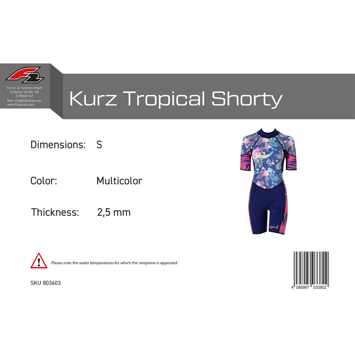 F2 Damen Neopren Anzug Kurz Tropical Shorty 2,5mm Größe wählbar Multicolor