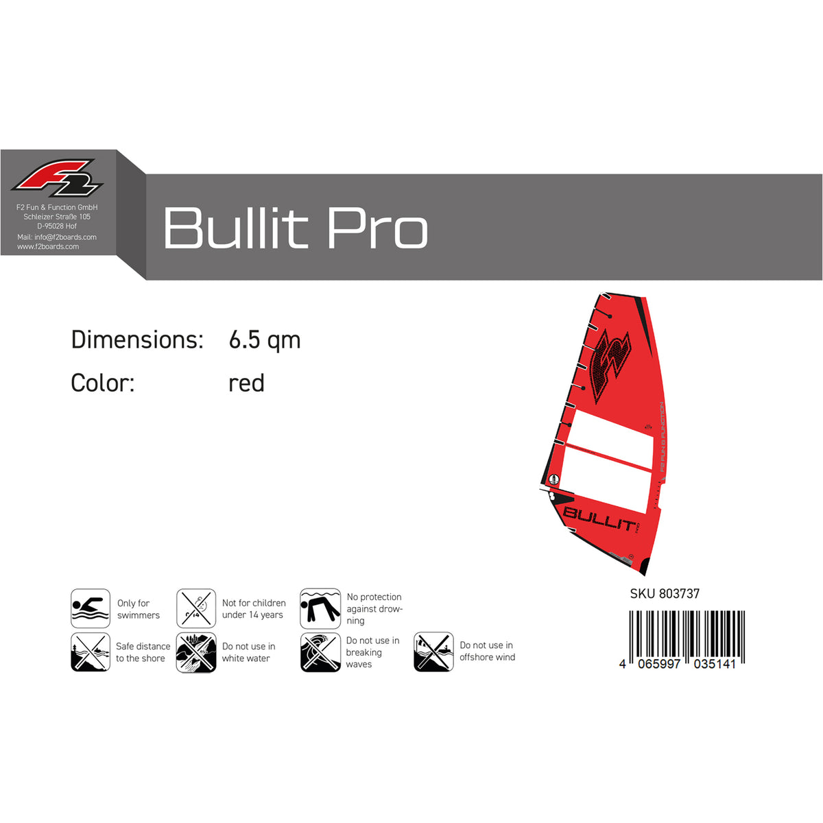 F2 Windsurf Sail Bullit Pro 6-8sqm size selectable Red