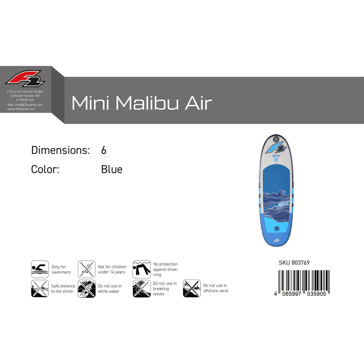 F2 Inflatable Surf Board Mini Malibu Air 6'0''/7'0"/8'0" wählbar Blau