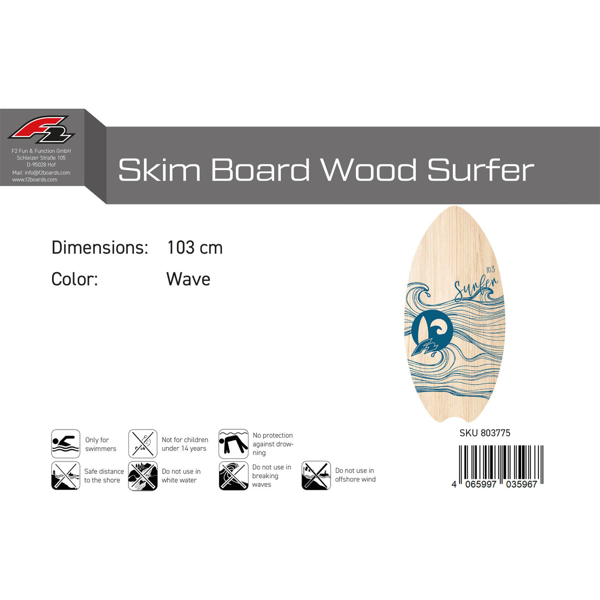 F2 Skimboard Wood Surfer model selectable (103cm Blue - 90cm Red)