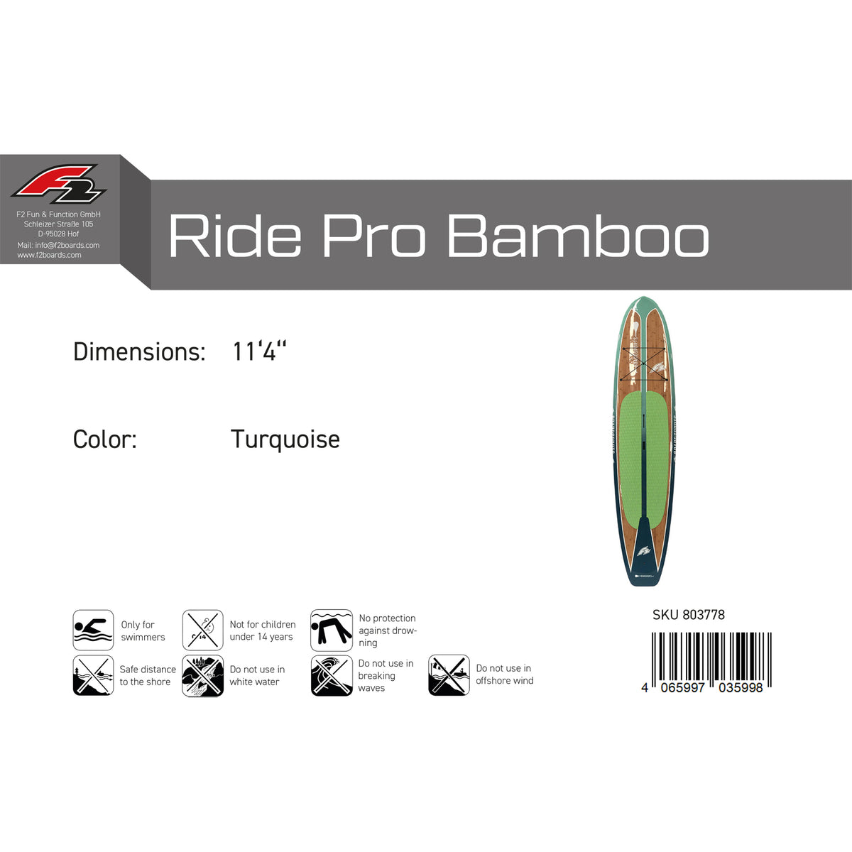 F2 Hard SUP Ride Pro Bamboo 10'4"/11'4" selectable Turquoise