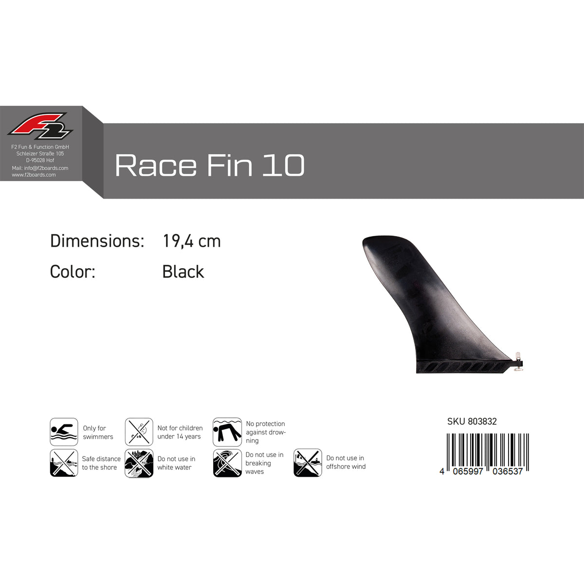 F2 Race Fin 10" US Box with screw and nut 19.4 cm Black