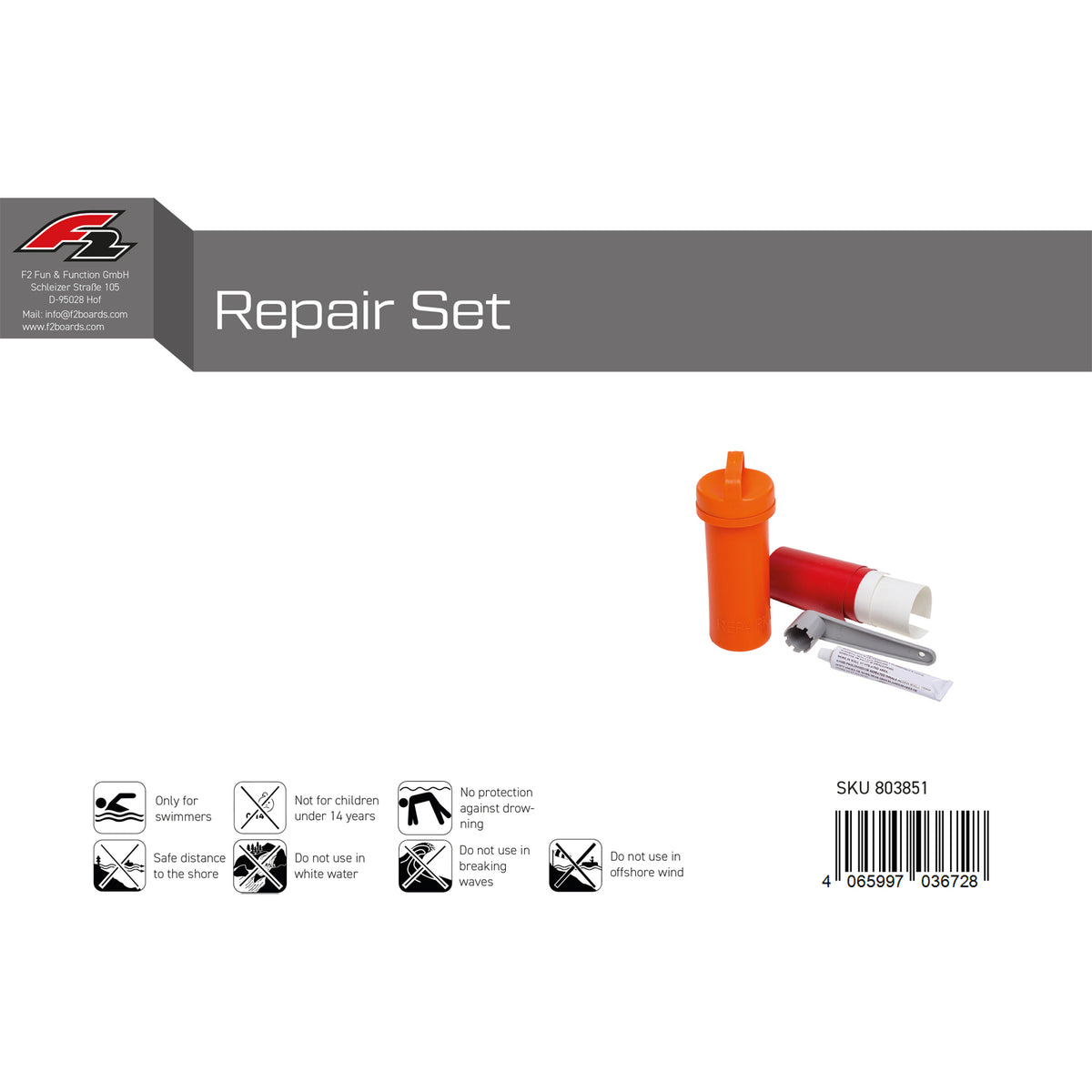 F2 Repair Set for SUP, inflatable boat, stand up paddle board, etc.