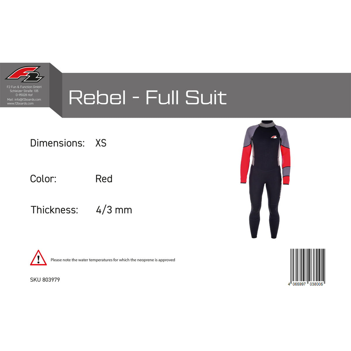 F2 Men's Rebel Neoprene Wetsuit - Full Suit 4/3 mm color/size selectable
