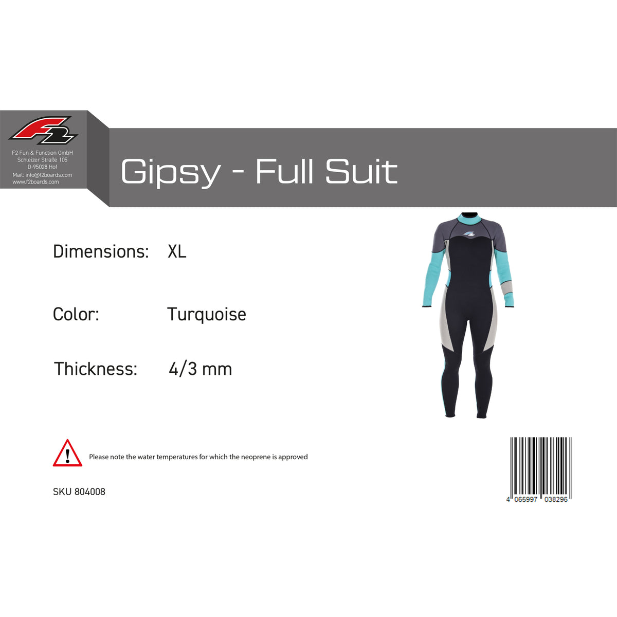 F2 Damen Neopren Anzug Gipsy - Full Suit 4/3 mm Farbe/Größe wählbar