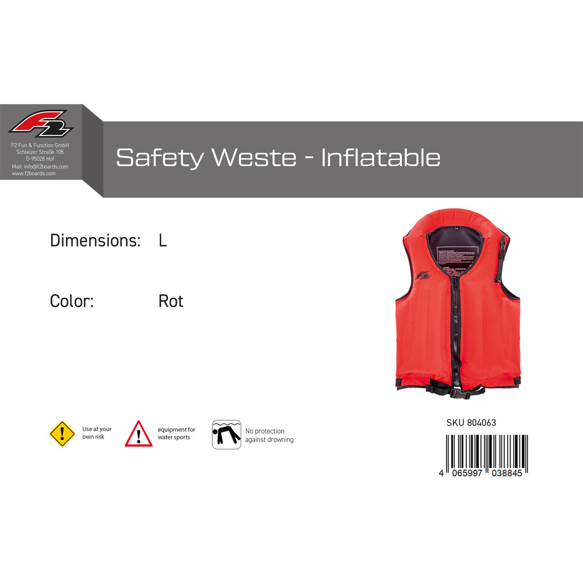 F2 Buoyancy Aid Safety Vest - Inflatable Color/Size selectable
