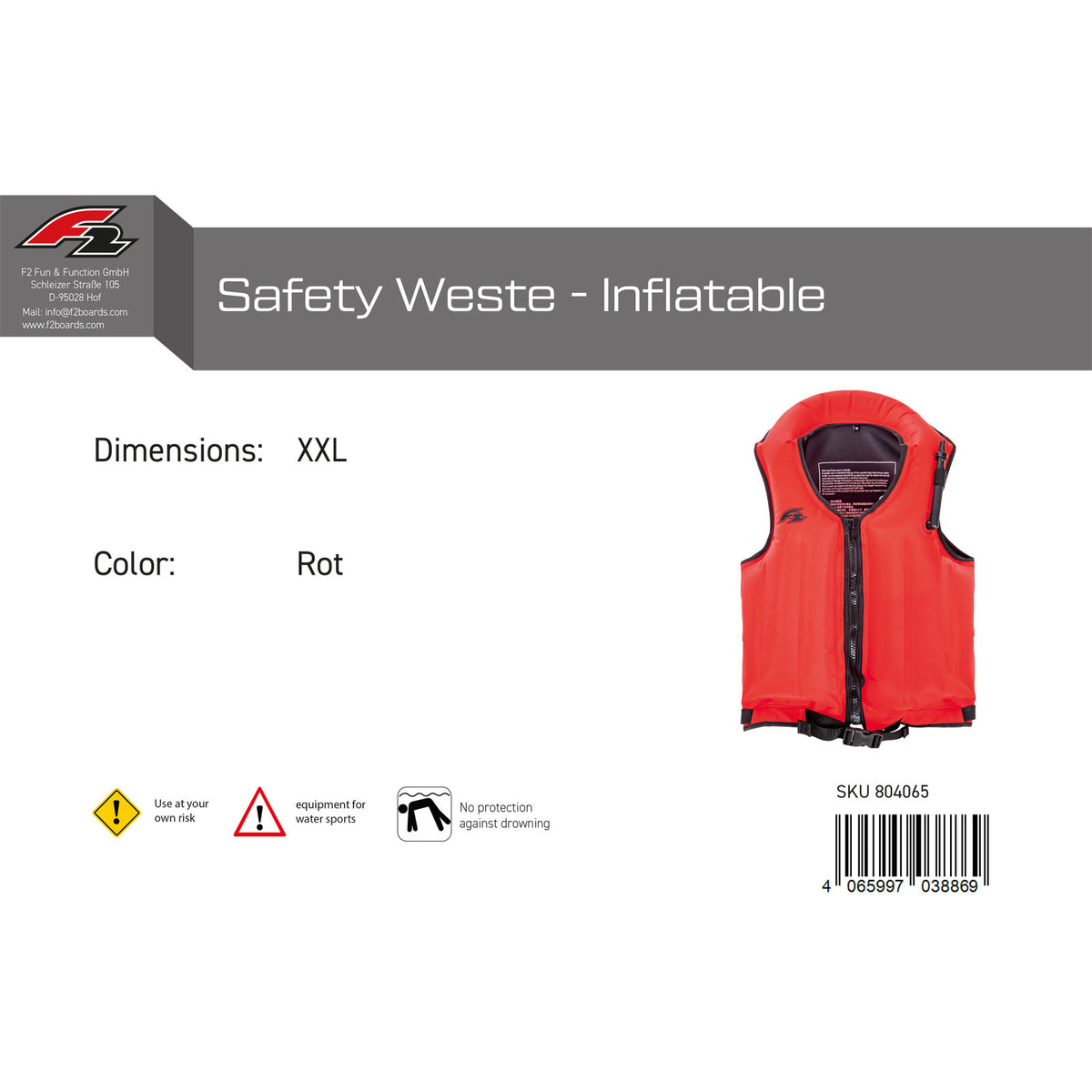 F2 Buoyancy Aid Safety Vest - Inflatable Color/Size selectable