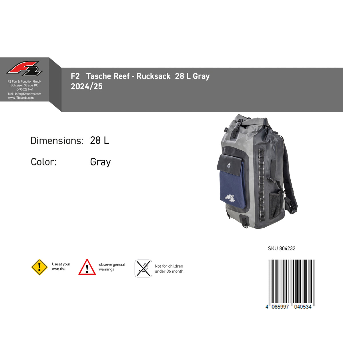 F2 Reef Bag - Backpack 28 L Gray