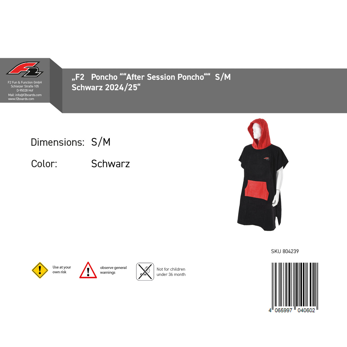 F2 Poncho Surf- Bade- Frottee Poncho Dryrobe Handtuch Modell wählbar Schwarz