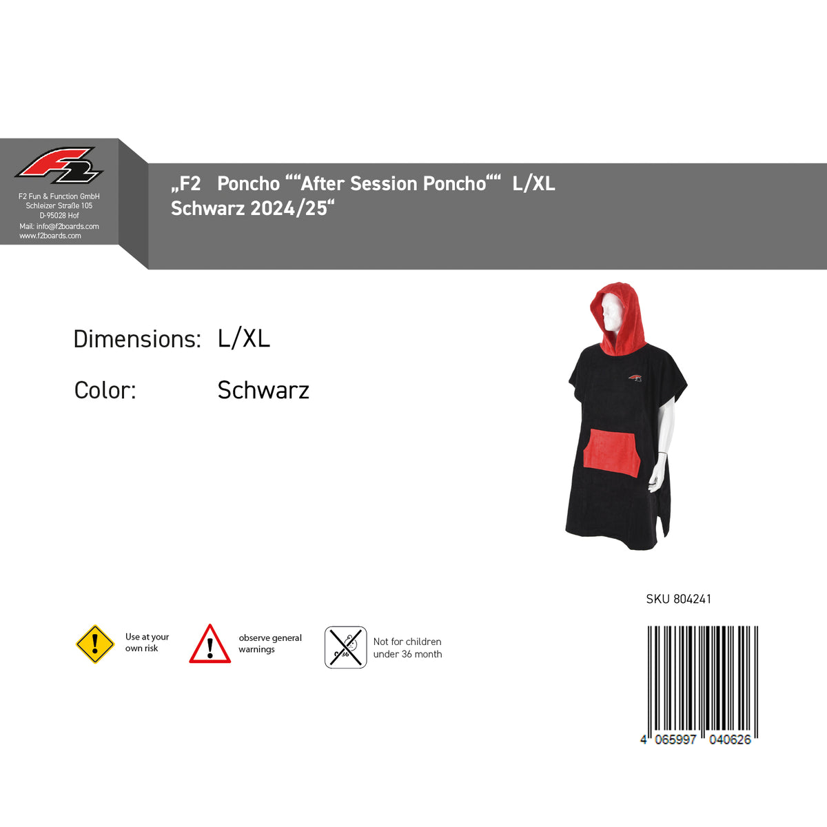 F2 Poncho Surf- Bade- Frottee Poncho Dryrobe Handtuch Modell wählbar Schwarz