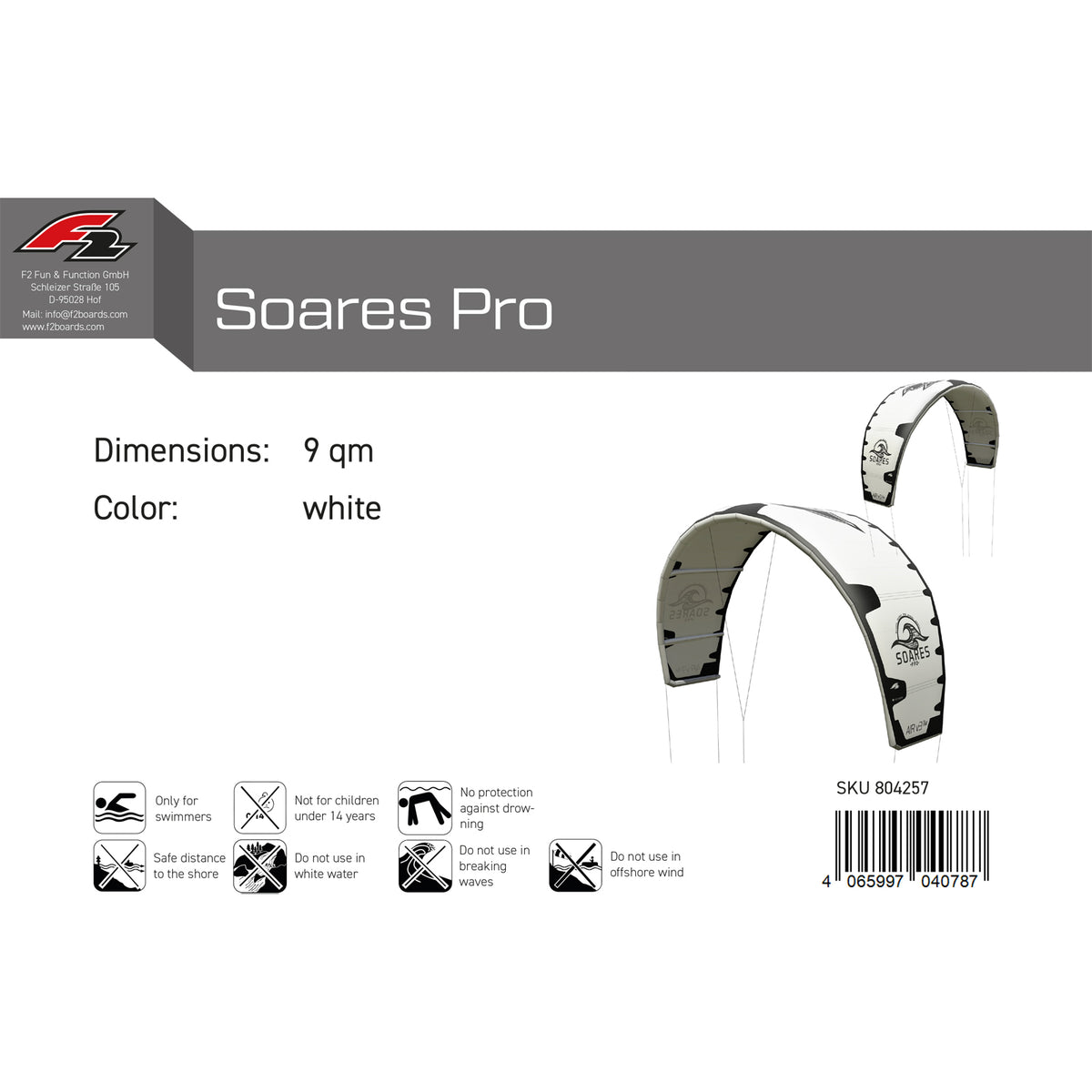 F2 Kite Soares Pro 8-13sqm size selectable white