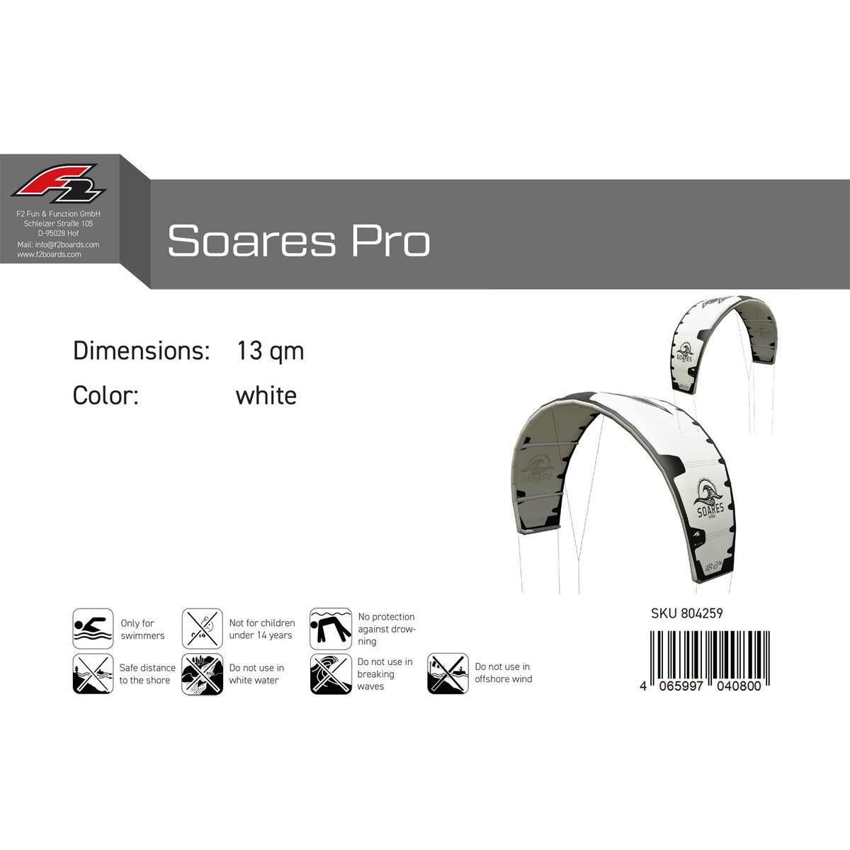 F2 Kite Soares Pro 8-13sqm size selectable white